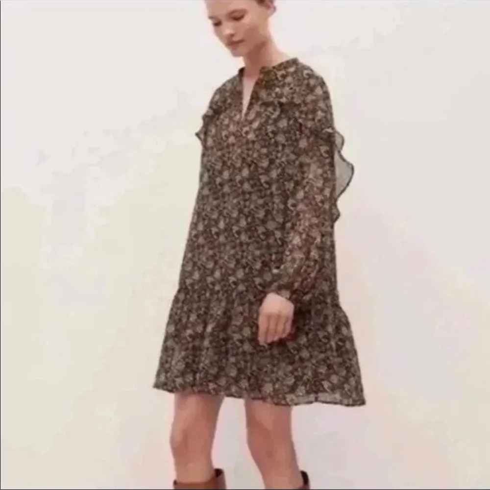 NEW MANGO Brown Floral Peasant Dress Sz 4